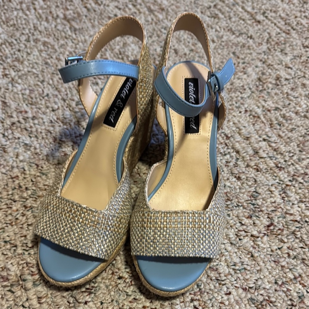 Elegant Blue and Tan Wedges with Ankle Strap